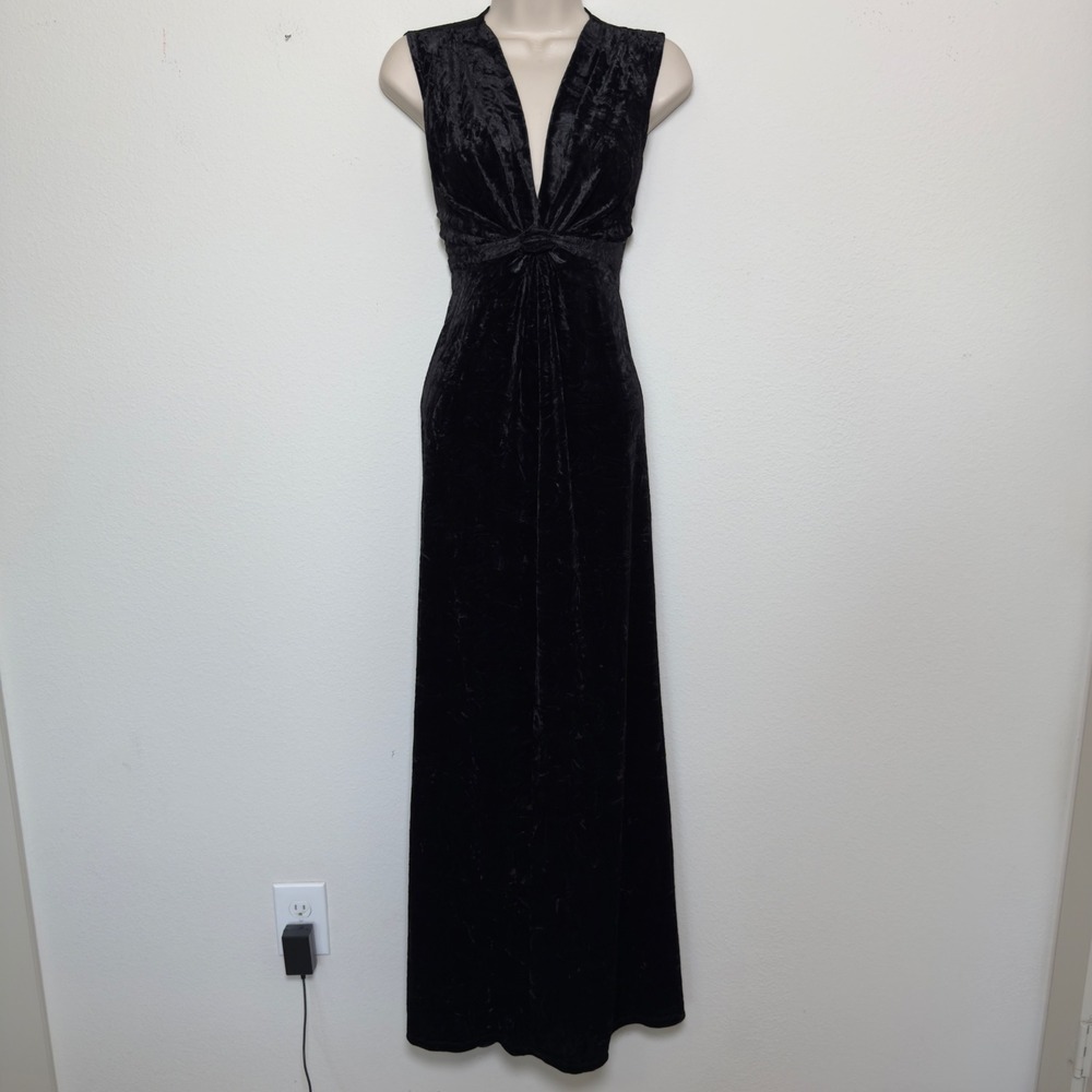 VTG 90s bebe Women Babydoll Maxi Dress Large Black Crushed Velvet Formal Gown